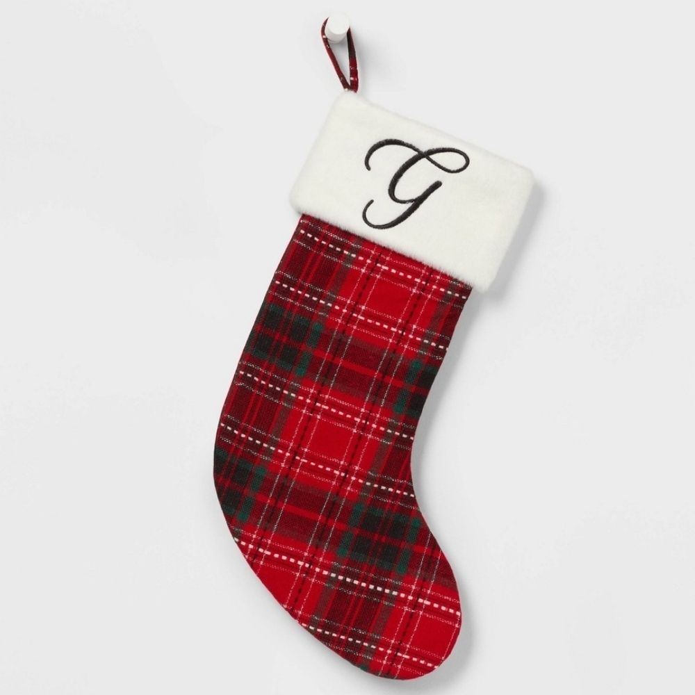 20" Plaid Monogram 'G' Christmas Holiday Stocking with Faux Fur Cuff Red/Green/